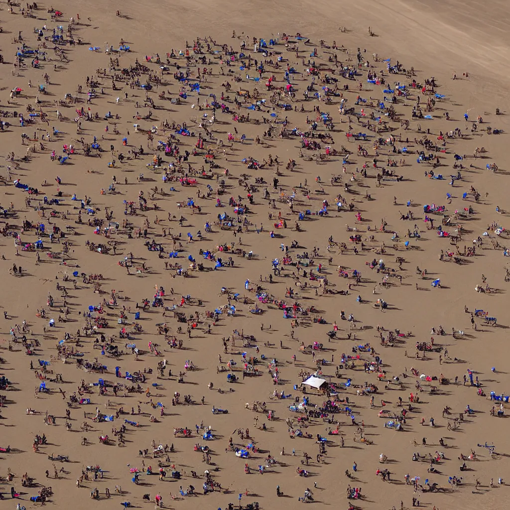 Prompt: aerial shot of a burning man party, in the red desert with dry grass