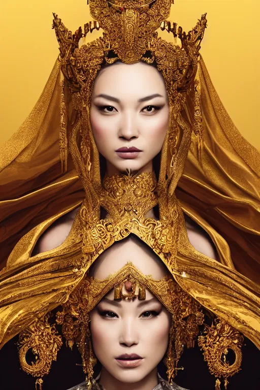 Prompt: a beautiful empress portrait, with a brilliant, impossible striking shiny big gold headpiece, gold clothes, rococo, baroque, jewels, asian, realistic, closeup, D&D, fantasy, intricate, elegant, highly detailed, digital painting, artstation, octane render, 8k, concept art, matte, sharp focus, illustration, art by Artgerm and Greg Rutkowski and Alphonse Mucha