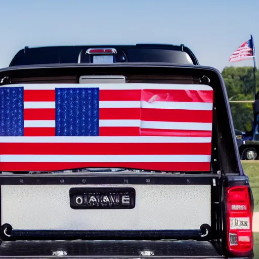 Prompt: photo of biden pickup truck with american flags, there are very attractive woman in the back of the truck by the tailgate in bikinis.