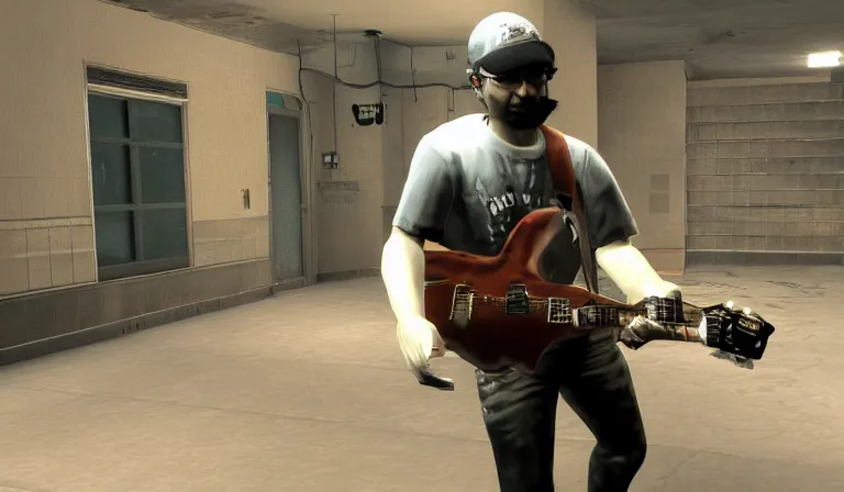 Image similar to steve albini npc carrying a guitar in left 4 dead 2, source engine, gameplay screenshot