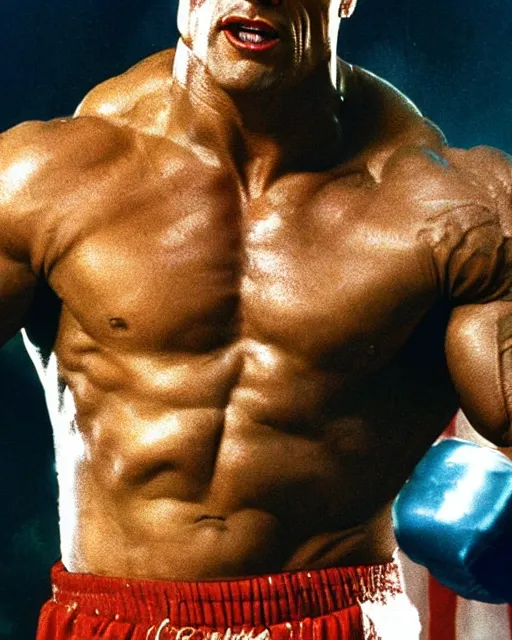 Image similar to Film still close-up shot of Dwayne Johnson as Rocky Balboa from the movie Rocky. Photographic, photography