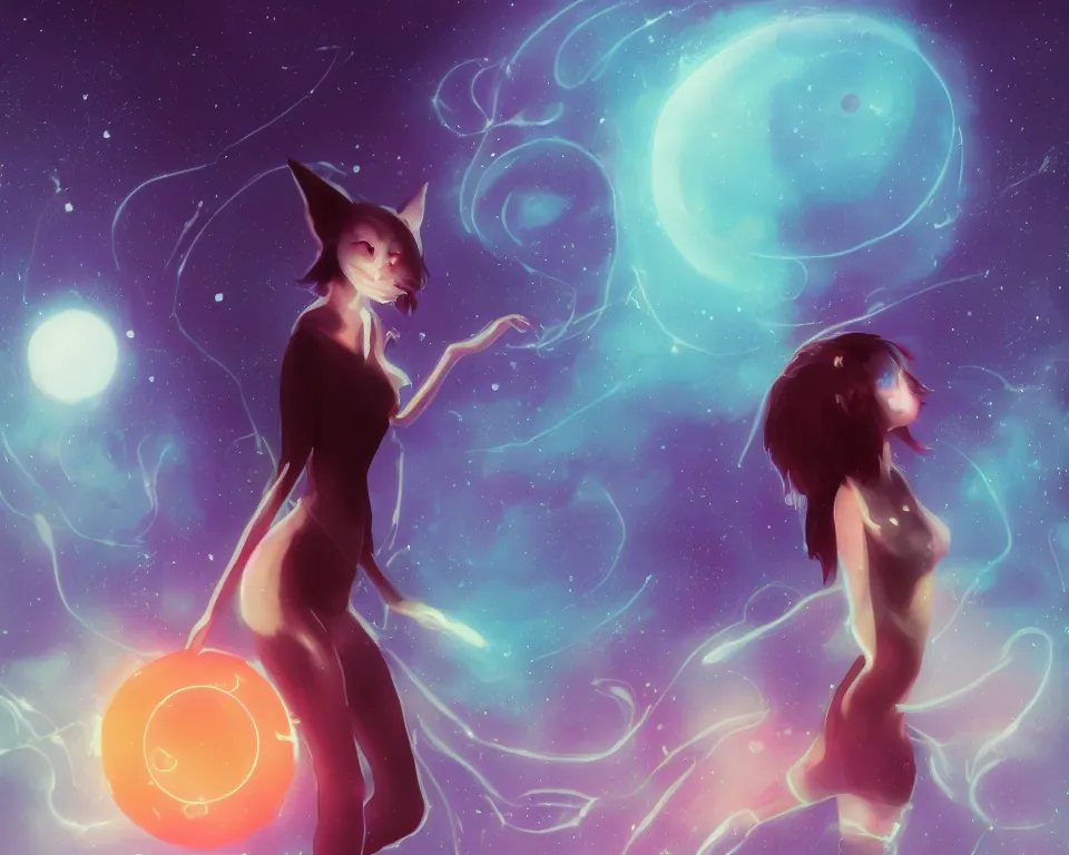 Image similar to beautiful whimsical cat girl standing in a lake in the moonlight, using magic, under a multi-colored binary blackhole with an accretion disc, glowing trails following her arms, wearing professional makeup, acidwave, by Lois van Baarle, by Greg Rutkowski, by artgerm, by beeple, by studio ghibli, cinematic angle, volumetric lighting, 4k resolution, octane render, trending on artstation, masterpiece