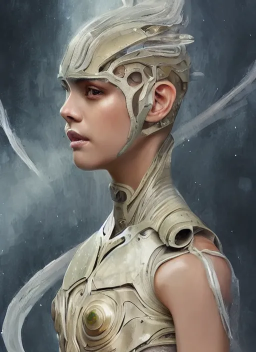 Image similar to a professional painting of a beautiful young female alien, clothed in ethereal armor, olive skin, long dark hair, beautiful bone structure, symmetrical facial features, intricate, elegant, digital painting, concept art, smooth, sharp focus, illustration, from Valerian and the City of a Thousand Planets, by Ruan Jia and Mandy Jurgens and Artgerm and William-Adolphe Bouguerea