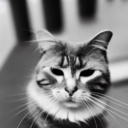 Prompt: A cat wearing a spiked helmet, Prussia, black and white, film grain, f 1.8