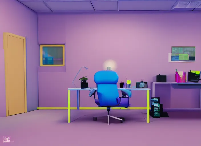 Image similar to steven universe inspired stanley parable office, colorful render in blender 3 d, normal workplace office, uhd, pastel 8 0 s, stylized