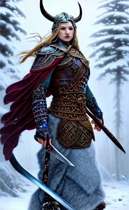 Image similar to iridescent viking warrior, regal, elegant, winter, snow, beautiful, stunning, hd, illustration, epic, d & d, fantasy, intricate, elegant, highly detailed, wide angle, digital painting, artstation, concept art, smooth, sharp focus, illustration, wallpaper, art by artgerm and greg rutkowski and alphonse mucha and jin xiaodi