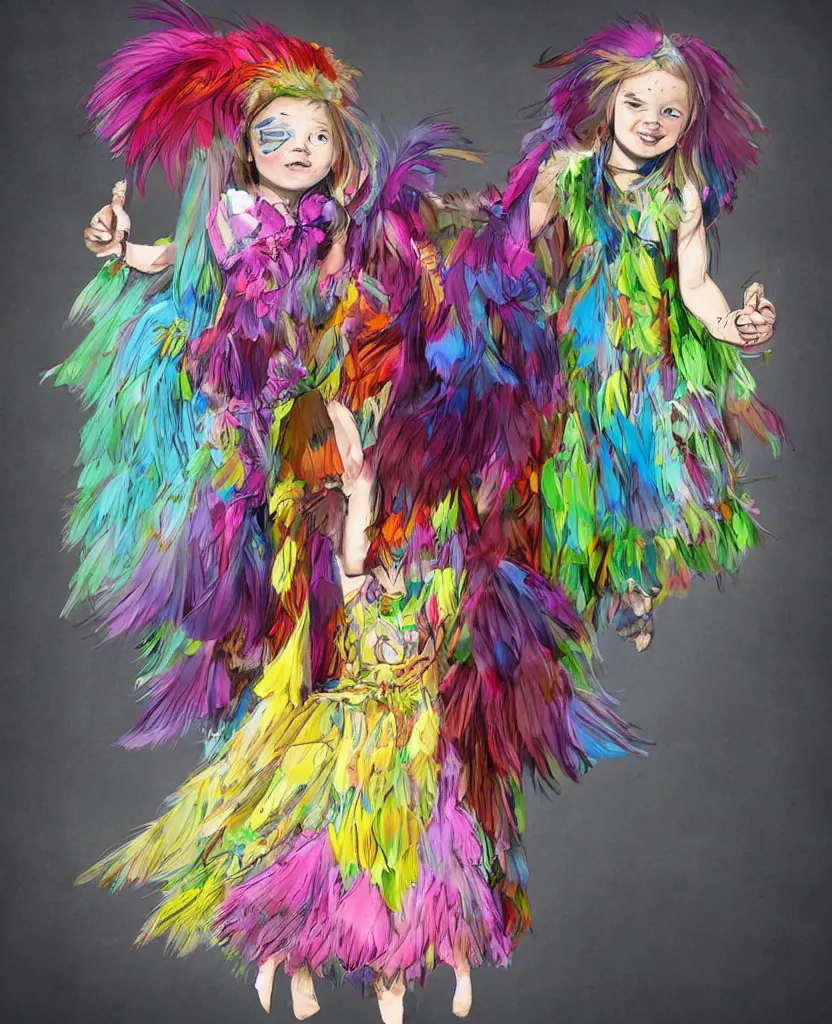 Image similar to little girl with eccentric hair wearing a dress made of colorful feathers, anatomically perfect, concept art, smooth