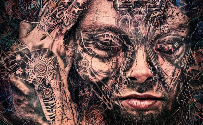 Image similar to hyperrealistic hyper detailed neo-surreal close-up 35mm portrait of levitating psychedelic shaman covered in geometric tattoos rococo matte painting concept art high saturation very dramatic lighting low angle hd 8k sharp shallow depth of field