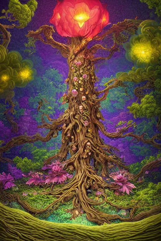 Prompt: a beautiful digital illustration painting of a detailed fantasy tree trunk and roots, psychedelic trippy mushroom, flowers by benoit b. mandelbrot, steven belledin, martin johnson heade, lee madgwick, caspar david friedrich, and david rios ferreira. 8 k resolution trending on artstation concept art digital illustration