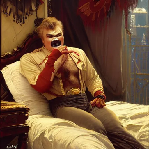 Image similar to burt reynolds is in his bed, nervous and terrified, because an evil rip taylor is throwing confetti from a bucket at him. highly detailed painting by gaston bussiere, j. c. leyendecker, greg rutkowski, craig mullins 8 k