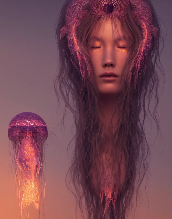 Image similar to goddess portrait. jellyfish phoenix head. intricate artwork by Tooth Wu and wlop and beeple. octane render, trending on artstation, greg rutkowski very coherent symmetrical artwork. cinematic, hyper realism, high detail, octane render, 8k