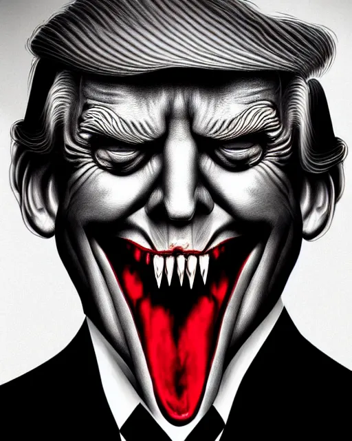 Image similar to donald trump dracula, fangs, character portrait, close up, concept art, intricate details, hyperrealism, in the style of otto dix and h. r giger