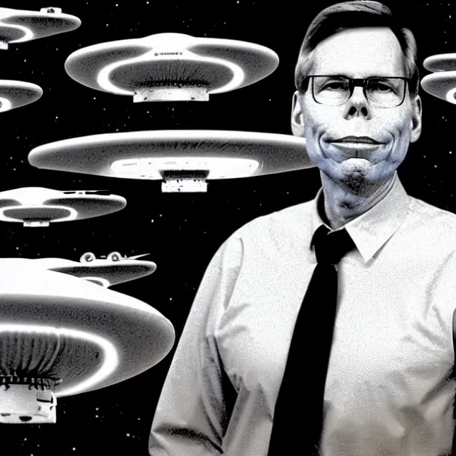 Prompt: a photo of bob lazar with a hangar full of flying saucers at area 5 1, detailed symmetrical face, photorealistic, highly detailed