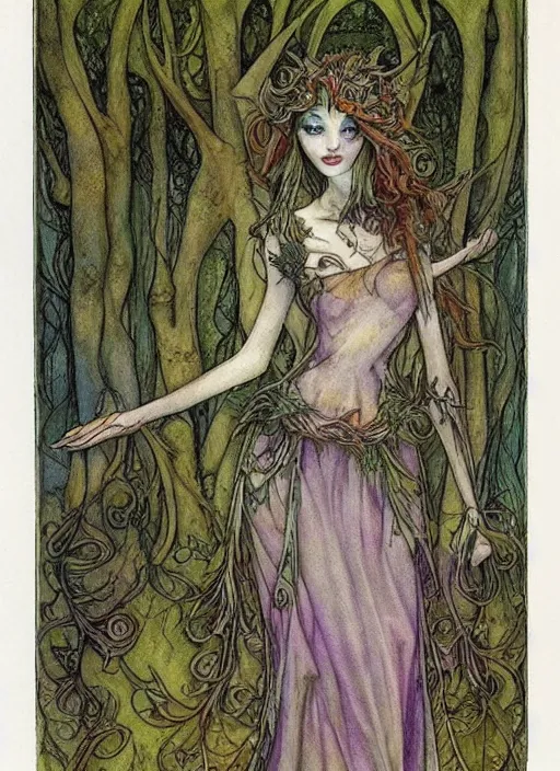 Prompt: junoesque fey queen, vine dress, glowing forest, strong line, eerie color, beautiful! coherent! by brian froud