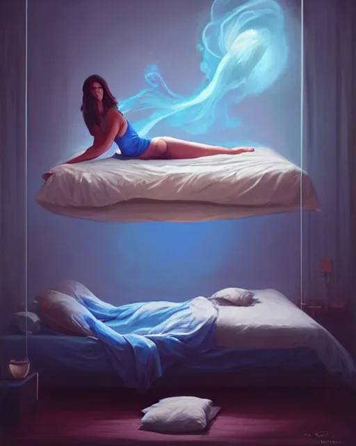 Prompt: a woman floating abover her bed at night, astral projection, blue smoke! surreal concept art, lifelike, photorealistic, digital painting, aesthetic, smooth, sharp focus, artstation hd, artgerm and by greg rutkowski, bruce pennington, valentina remenar, rhads, asher duran,