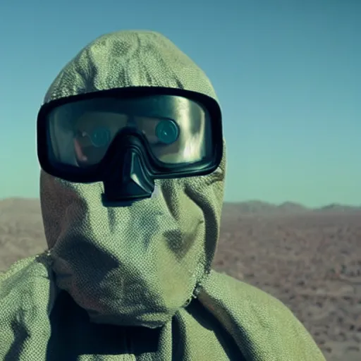 Prompt: a man wearing a hazmat suit and gasmask, in the desert, film still, panavision panaflex