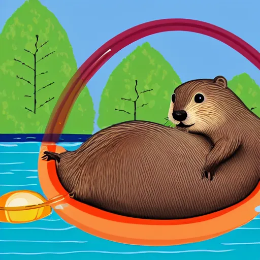 Prompt: beaver on a fun plastic floatie in a lake. digital illustration.