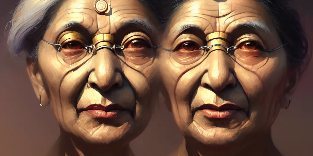 Prompt: ultra detailed face portrait of the mamatha gandhi as a cyborg, extremely detailed digital painting, in the style of fenghua zhong and ruan jia and jeremy lipking and peter mohrbacher, mystical colors, rim light, beautiful lighting, 8 k, stunning scene, raytracing, octane, trending on artstation