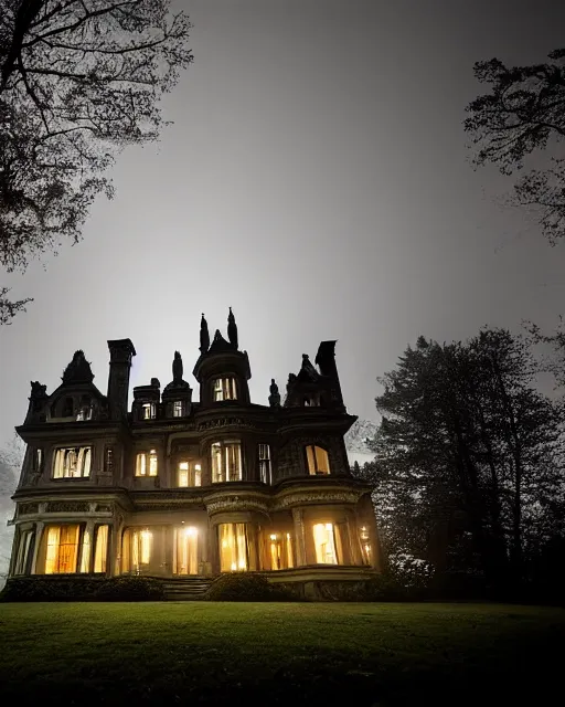 Image similar to a wide angle low photo of a ghostly victorian mansion howvering above a misty forest at night, volumetric light, epic proportions