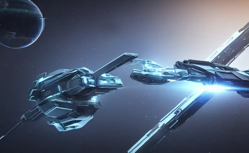 Prompt: a sleek silver military space ship approaching a round, blue warp gate portal. Art style of Star Citizen, Unreal Engine Octane Render, 8K resolution trending on art station