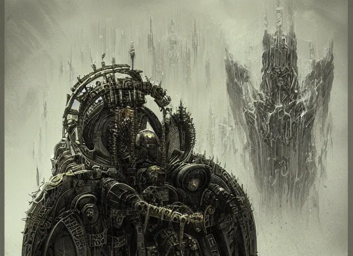 Prompt: an epic potrait of knowledge seeking cloaked tech priest, Adeptus Mechanicus, cybernetic enhancements, praise the omnissaiah, Zdzislaw Beksinski, Lewis Jones, mattias adolfsson, Piranesi, Warhammer 40K!!, cold hue's on subject, warm tone gradient background, concept art