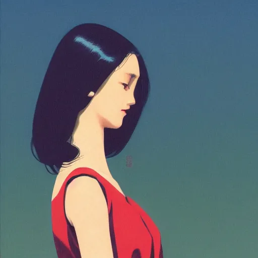 Image similar to a portrait of a beautiful brunette female model with dramatic lighting, by kawase hasui, moebius, edward hopper, colorful flat surreal design, hd, 8 k, artstation