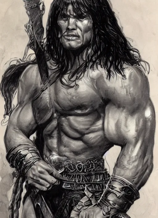 Image similar to An ultra-detailed ,hyperrealistic, face-centered portrait of Conan the barbarian in battling skeleton warriors, by John Buscema , Frank Frazetta and Bill Sienkiewicz, trending on marvel, trending on artstation