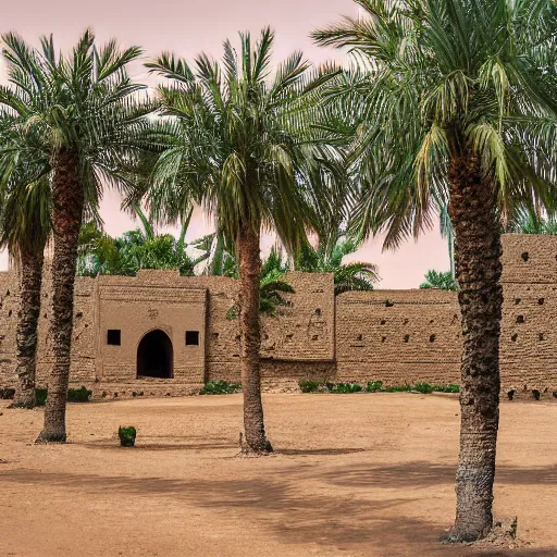 Prompt: landscape photograph of a large najdi mud house palace with gardens and palm trees. Detailed