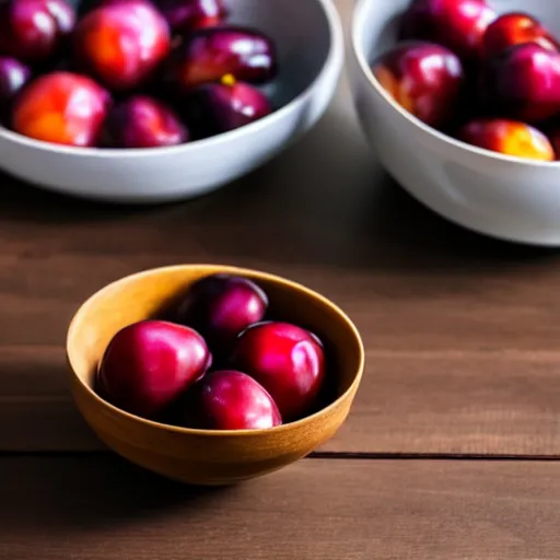 Image similar to photo of a thick porcelain bowl filled with a few moist freshly picked plums on a wooden table. volumetric lighting. 4 k. small scale. realistic. top down.