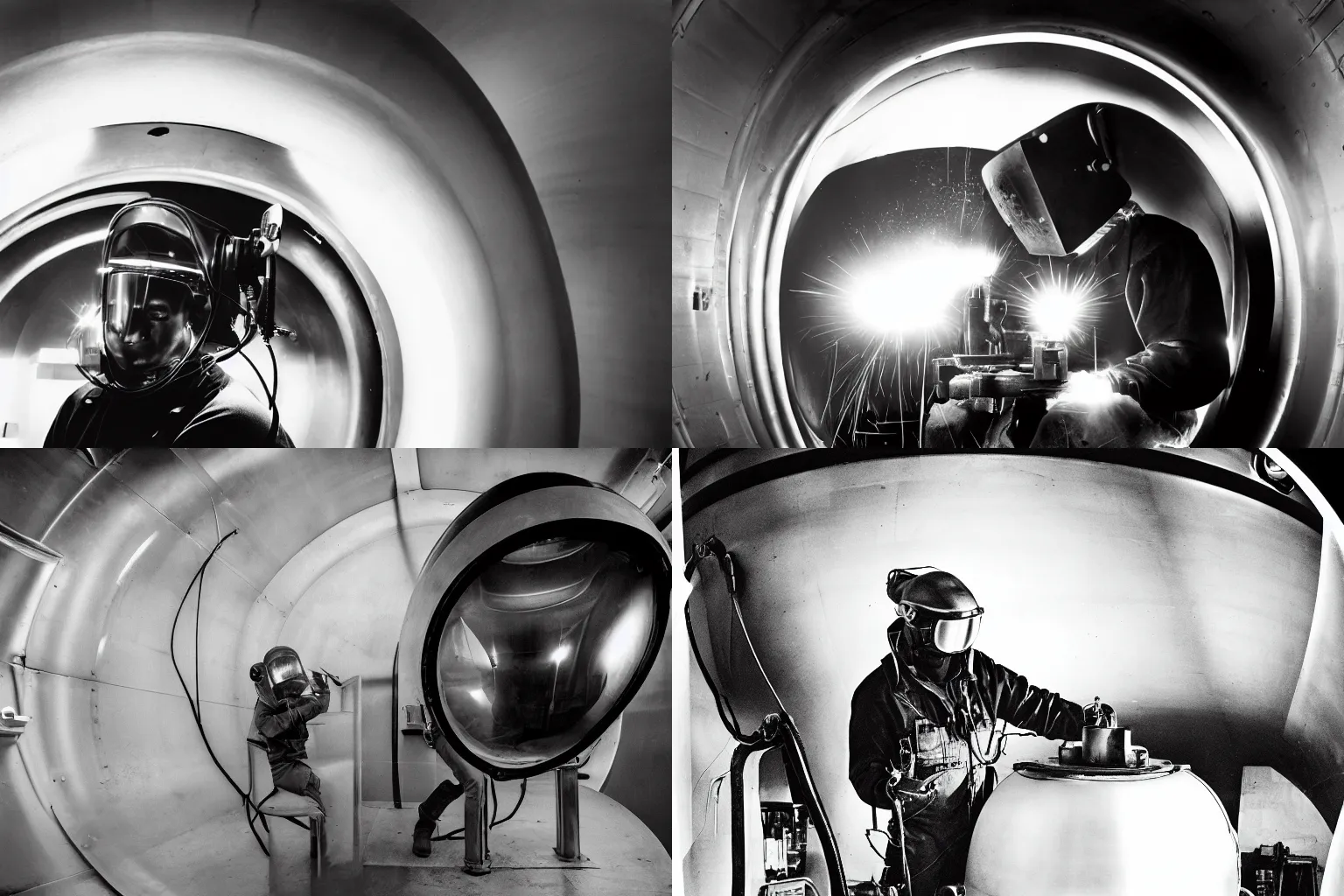 Prompt: welder in welding mask inside a cryogenic suspension pod, ominous lighting, by richard avedon, tri - x pan stock