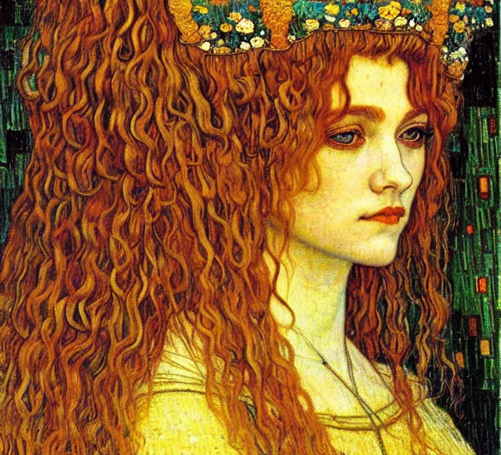 Image similar to detailed realistic beautiful young medieval queen face portrait by jean delville, gustav klimt and vincent van gogh, art nouveau, symbolist, visionary, gothic, pre - raphaelite, muted earthy colors, desaturated