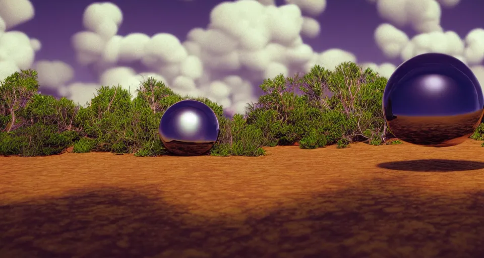 Prompt: 1 9 9 0 s bryce 3 d render of a surreal landscape and reflective spheres, 3 d video game, abstract, ray - traced, atmosphere, octane render, depth of field, unreal engine 5, vibrant color, trending on artstation, ultra high detail, ultra realistic, cinematic, focused, 8 k