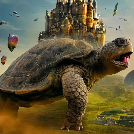 Image similar to giant tortoise with large castle growing from the shell, distant shot birds eye view, fantasy, hyper detailed, 4 k, howls moving castle, mortal engines,