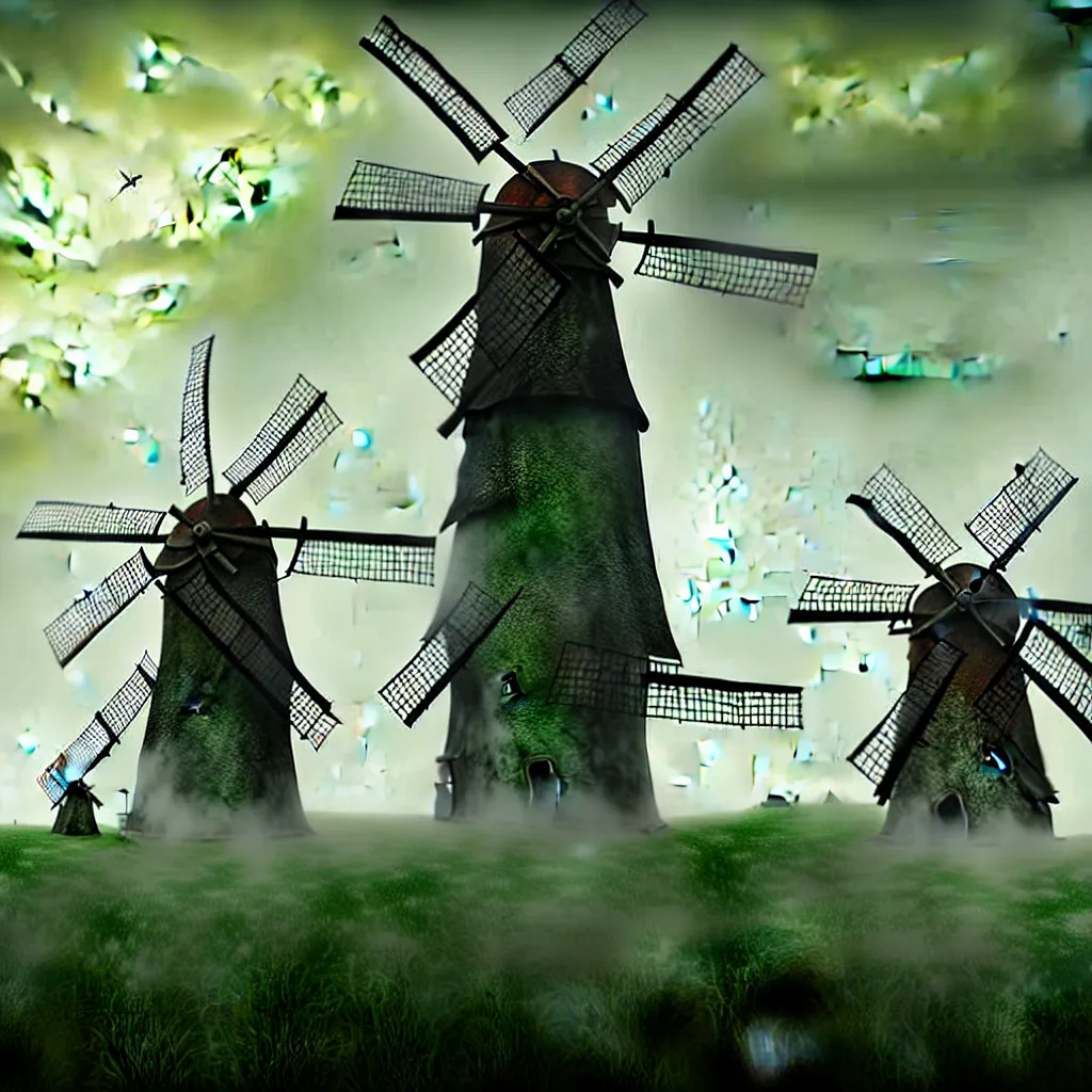 Image similar to 3 evil hags with green skin, bones, old stone windmill background, a detailed matte painting, fantasy, foggy