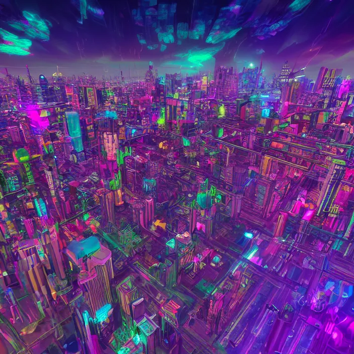 Prompt: wide ((wide)) photo of surreal city sky line (((dynamic neon lighting)) in chromatic dmt trippy style of fear and loathing unreal engine 50mm photorealistic