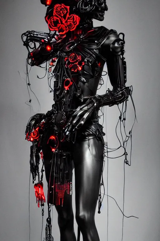 Image similar to full-body cyberpunk style sculpture of a young beautiful dark priestess, half android with a head opening exposing circuitry, glowing red eyes, black roses, flowing blood-red colored silk, fabric, candles, baroque elements, human skulls. full-length view. baroque element. intricate artwork by Caravaggio. crows flying in background. Trending on artstation. cinematic lighting from the right. hyper realism, octane render, 8k, depth of field, 3D