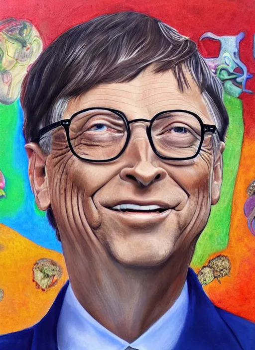 Image similar to photo portrait painting of bill gates on shrooms, expose yourself to art