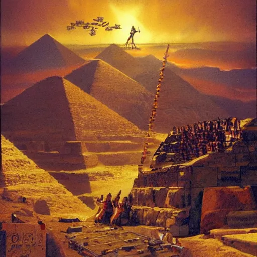 Prompt: joe rogan, king of the pharaohs, fends off aliens atop the pyramid of giza as a war of the world style invasion is happening. masterpiece illustration by albert bierstadt and billy butcher. h 6 4 0