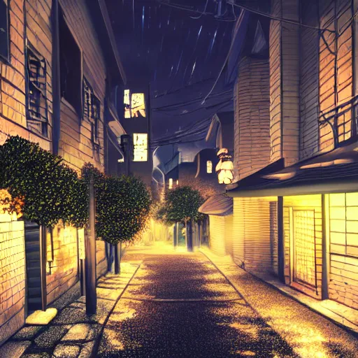 Image similar to anime tokyo residential quiet street scenery only wallpaper, nighttime moonlight scene, aesthetic, beautiful, hyper realistic