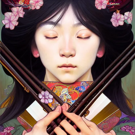 Image similar to Portrait of a japanese girl playing a cross flute, face, fantasy, intricate, elegant, highly detailed, digital painting, artstation, concept art, smooth, sharp focus, illustration, art by Fernanda Suarez and Artem Demura and alphonse mucha