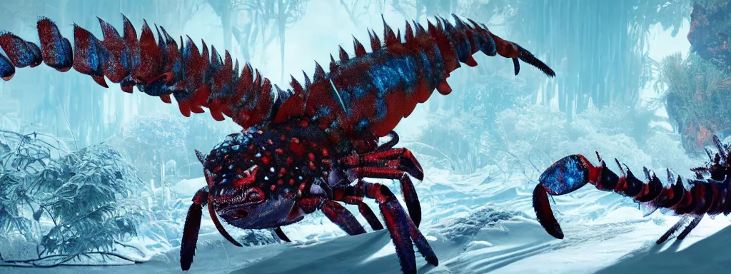 Image similar to large sabretooth lobster with shiny blue fish scales skin and silver electric claws, walking in a dense alien snow covered frosty jungle, with snow covered colourful red, blue and purple plants, large vines, snow covered arched organic rock structures, in the style of monster hunter world, like concept art on artstation, hyperdetailed, vray render, octane render,