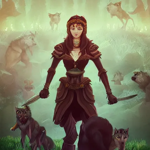Image similar to of eurielle in a epic cinematic scene surrounded by wolves digital art in the style of greg retowski