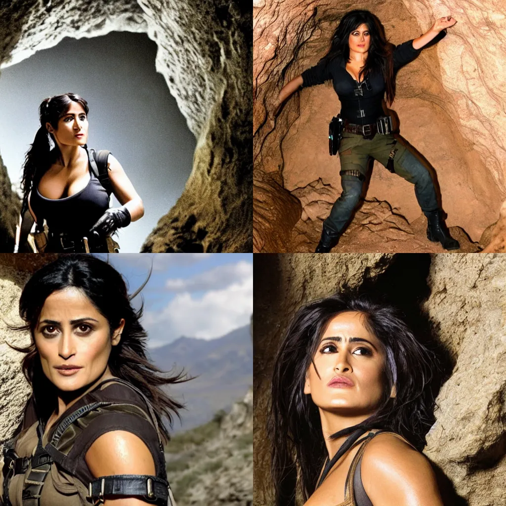 Prompt: portrait of Selma Hayek exploring a cave as Laura Croft, suspenseful