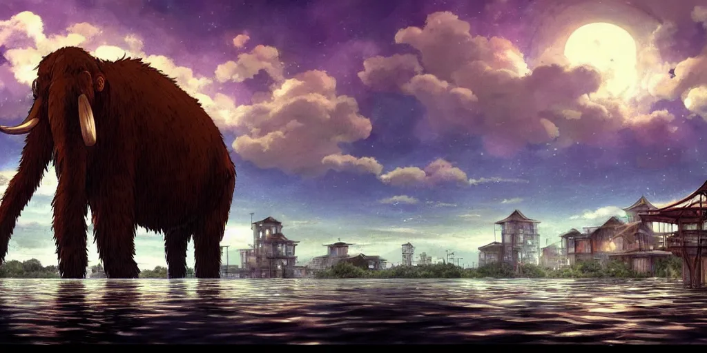 Image similar to a realistic cell - shaded studio ghibli concept art from paprika ( 2 0 0 6 ) of a giant wooly mammoth in a flooded futurist city on a misty starry night. very dull colors, wide shot, hd, 4 k, hq