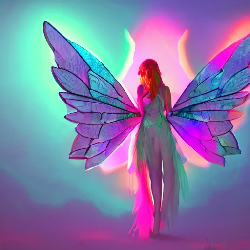 Prompt: brightly lit winged fairy in a dim dark forest with stained glass wings cute colorful 4 k path traced high definition detailed artstation realistic trending dramatic lighting high contrast neon cyberpunk gothic intense colors