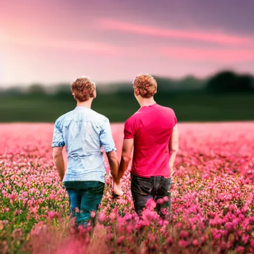 Image similar to a gay couple in their 30s together in a field of flowers at sunset, realistic, intricate, 4k