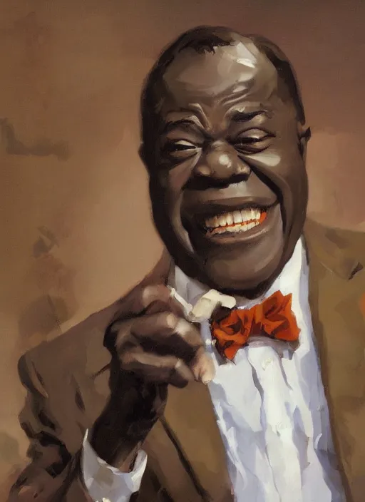 Image similar to a portrait of louis armstrong telling a joke, by greg manchess and john singer sargent and jonathan yeo, dramatic lighting, highly detailed digital painting