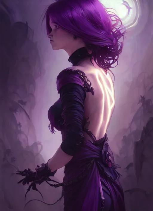 Image similar to Necromant, fantasy magic, undercut hairstyle, short purple black fade hair, dark light night, intricate, elegant, sharp focus, illustration, highly detailed, digital painting, concept art, matte, art by WLOP and Artgerm and Greg Rutkowski and Alphonse Mucha, masterpiece