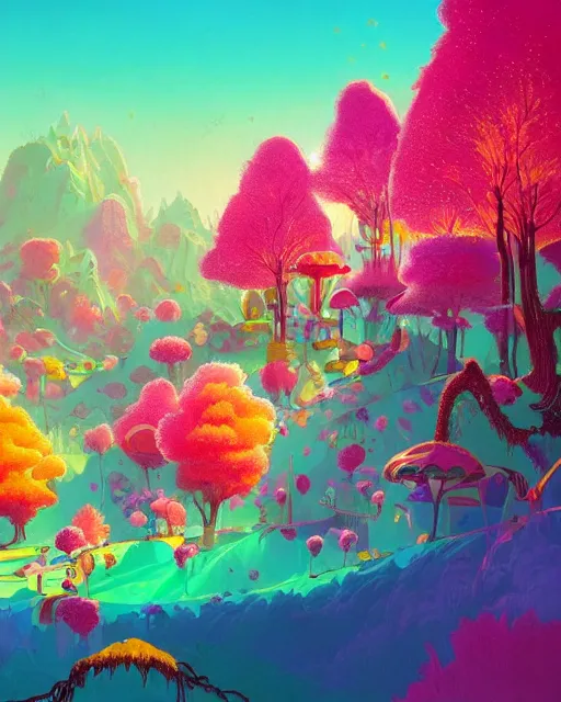 Image similar to candyland | a landscape made of candy and desserts, mountains river trees, cherry - blossoms | highly detailed | very intricate | fantasy whimsical magical | soft bright natural morning light | pixar | award - winning | matte painting by anton fadeev and paul lehr and rhads and alena aenami | pastel color palette | featured on artstation