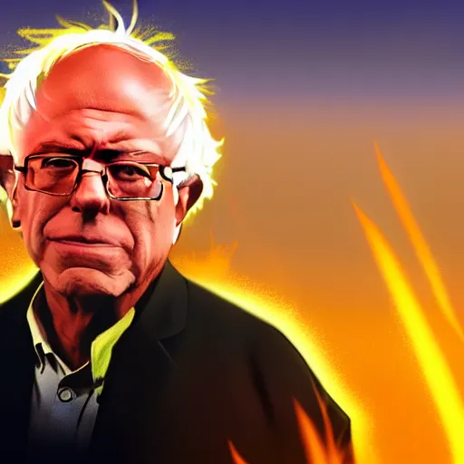 Image similar to portrait of Bernie Sanders with glowing golden aura flying over a desert field, super saiyan 3, yellow spiky hair, digital art